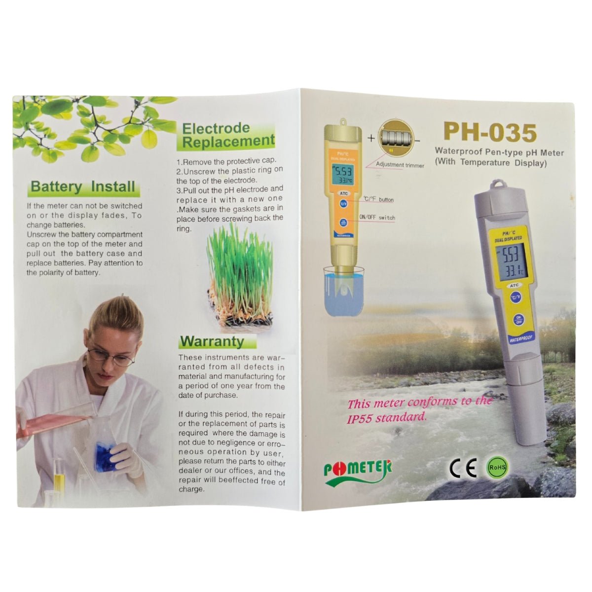PH‑035 Waterproof pH & Temperature Meter & Tester – Digital Dual Display, 0.00–14.00 pH Range, ATC, Replaceable Electrode – For Soil, Hydroponics, Aquarium, Pool & Lab Use - Oldboy&