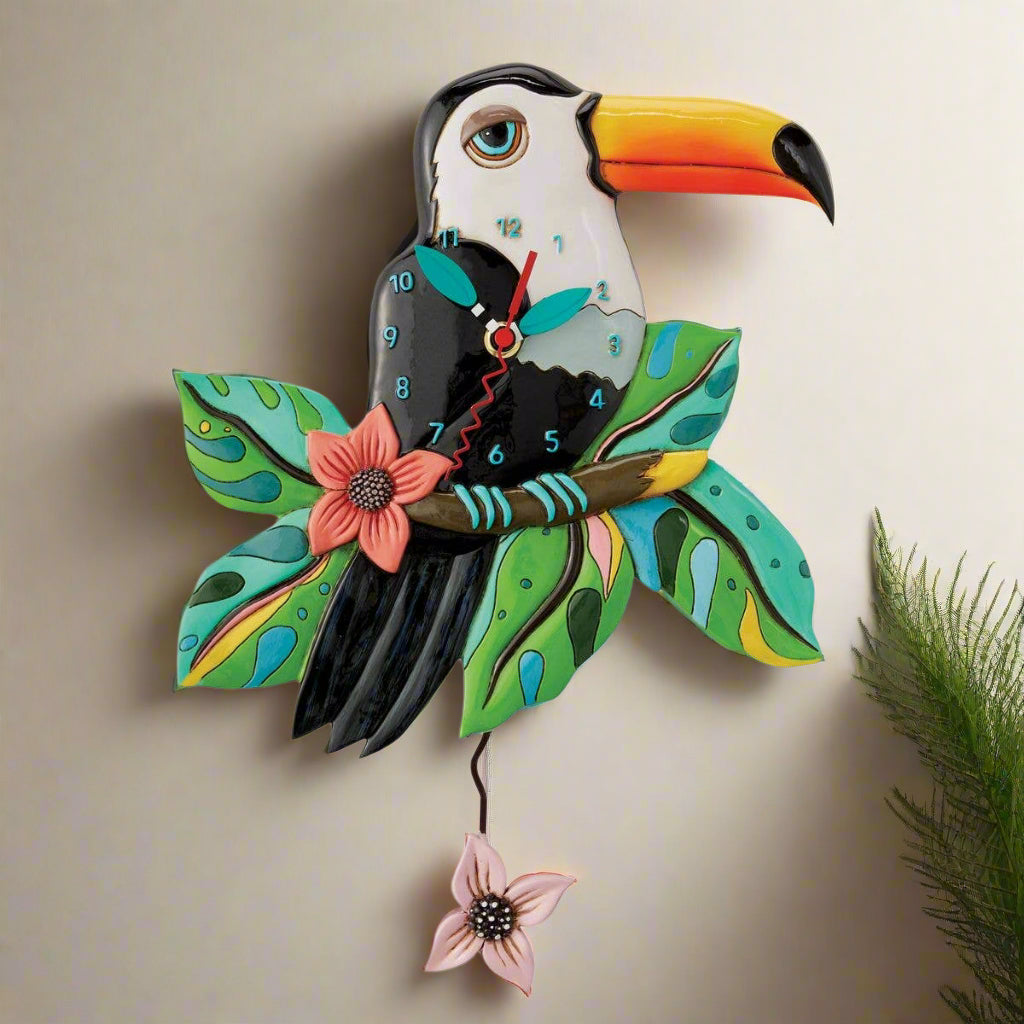 "Toucan Tom" Clock | Hand - Painted Tropical Wall Clock with Flower Pendulum - Oldboy&