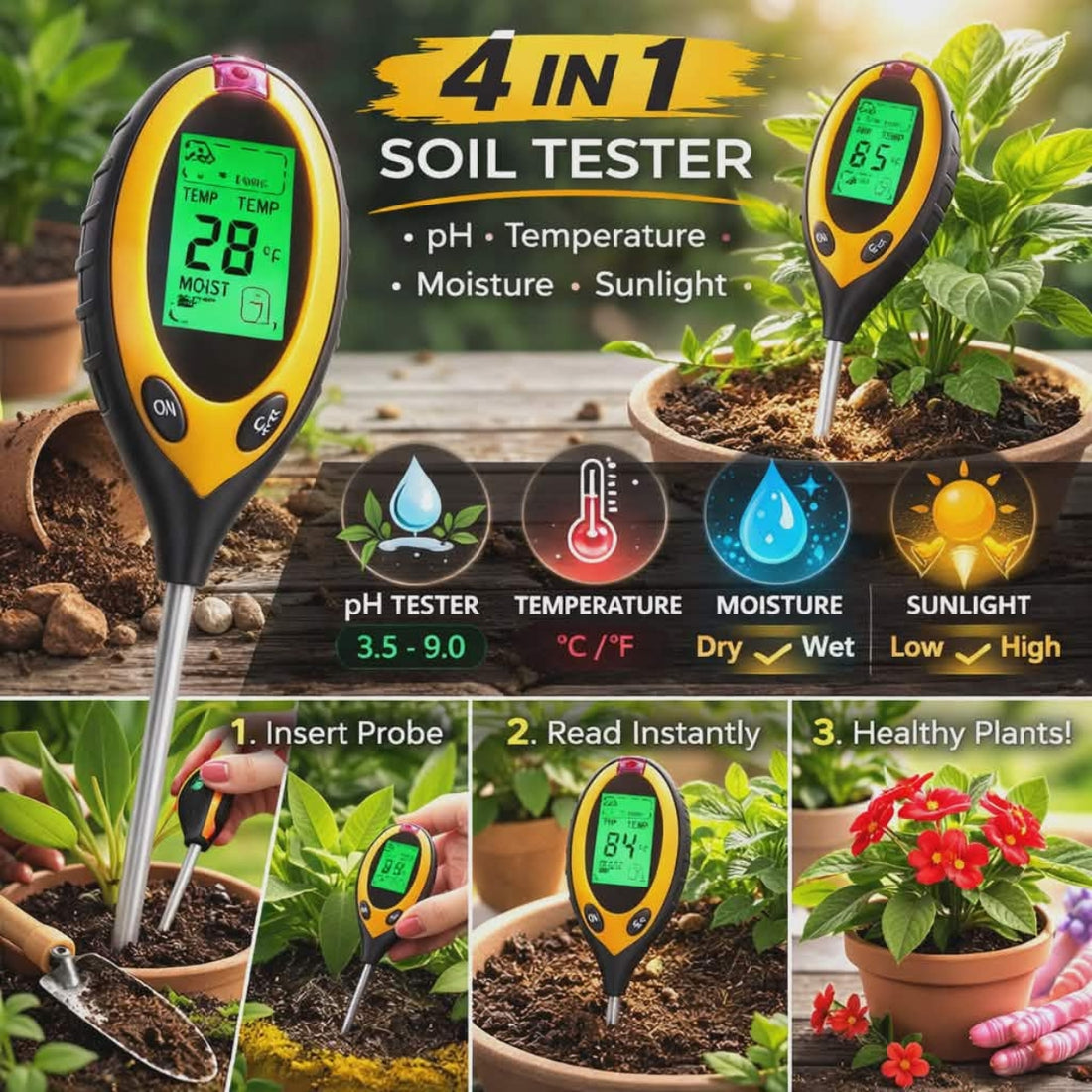 4 in 1 Soil Tester – pH, Moisture, Temperature &amp; Sunlight Meter