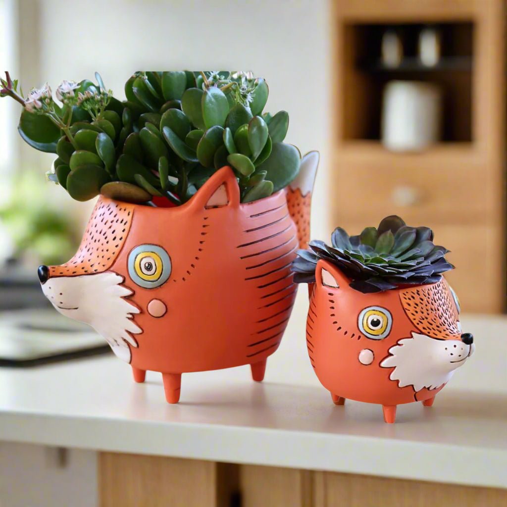 FOXY Planter – Hand - Painted Fox Polyresin Planter with Drainage Hole - Oldboy&