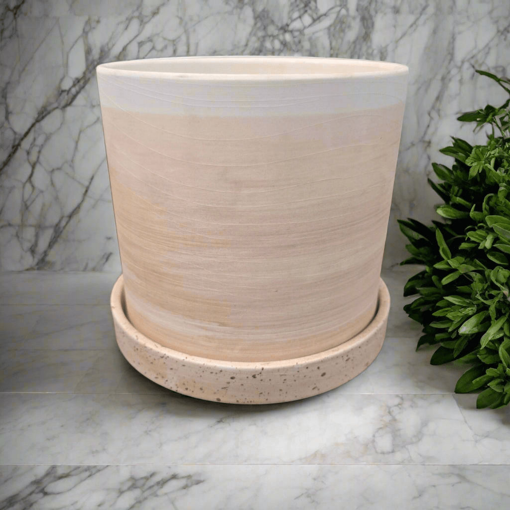 Natural Beige Ceramic Planter with Drainage Plate – 15.5 cm - Oldboy&
