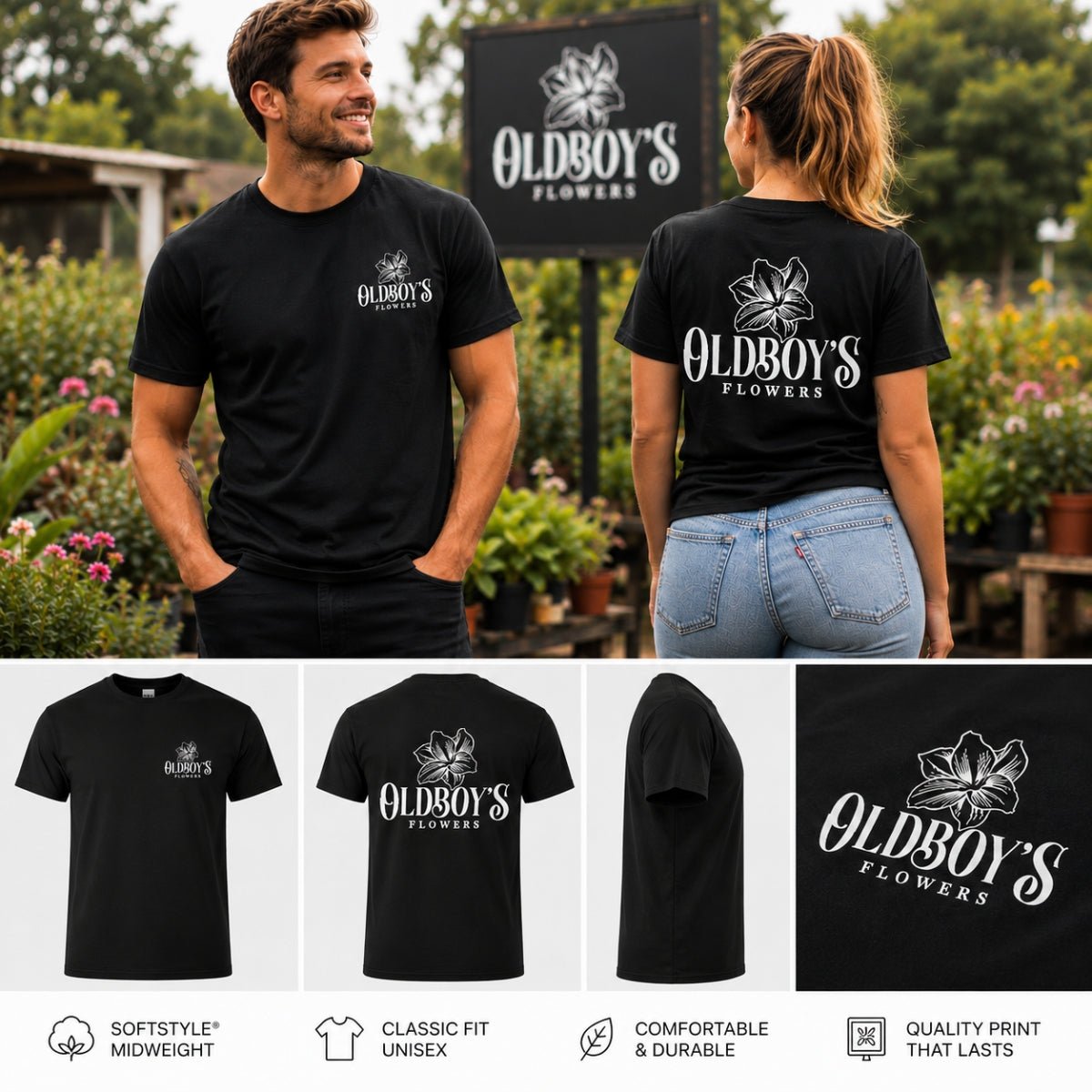 Oldboy’s Flowers Logo T-Shirt | Black Gildan Softstyle Midweight Tee - Oldboy&
