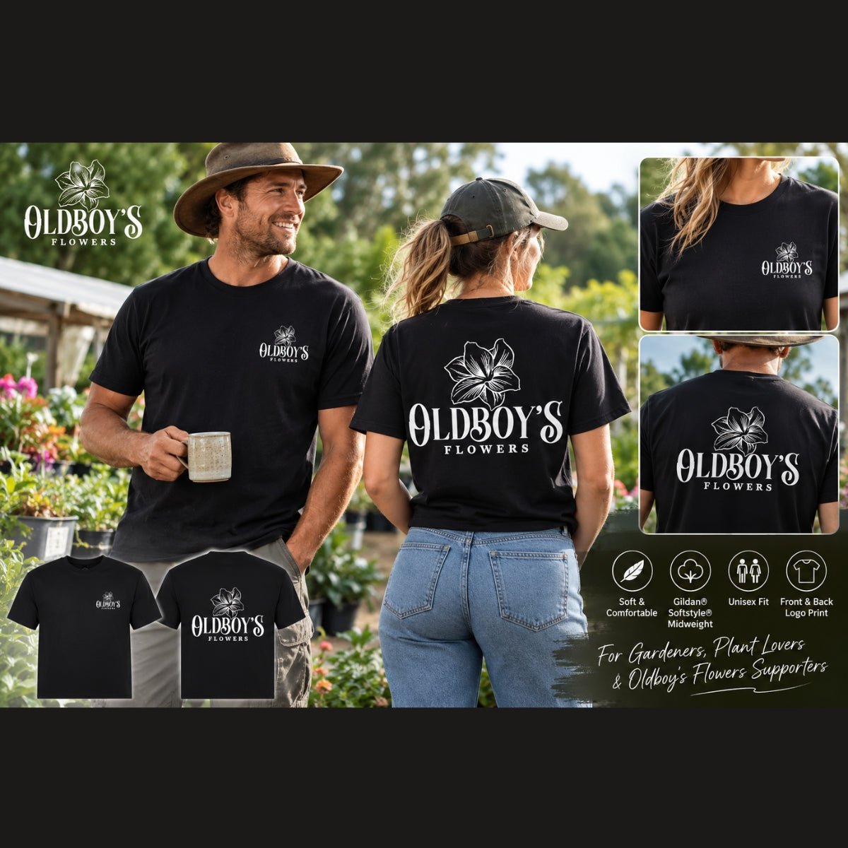 Oldboy’s Flowers Logo T-Shirt | Black Gildan Softstyle Midweight Tee - Oldboy&