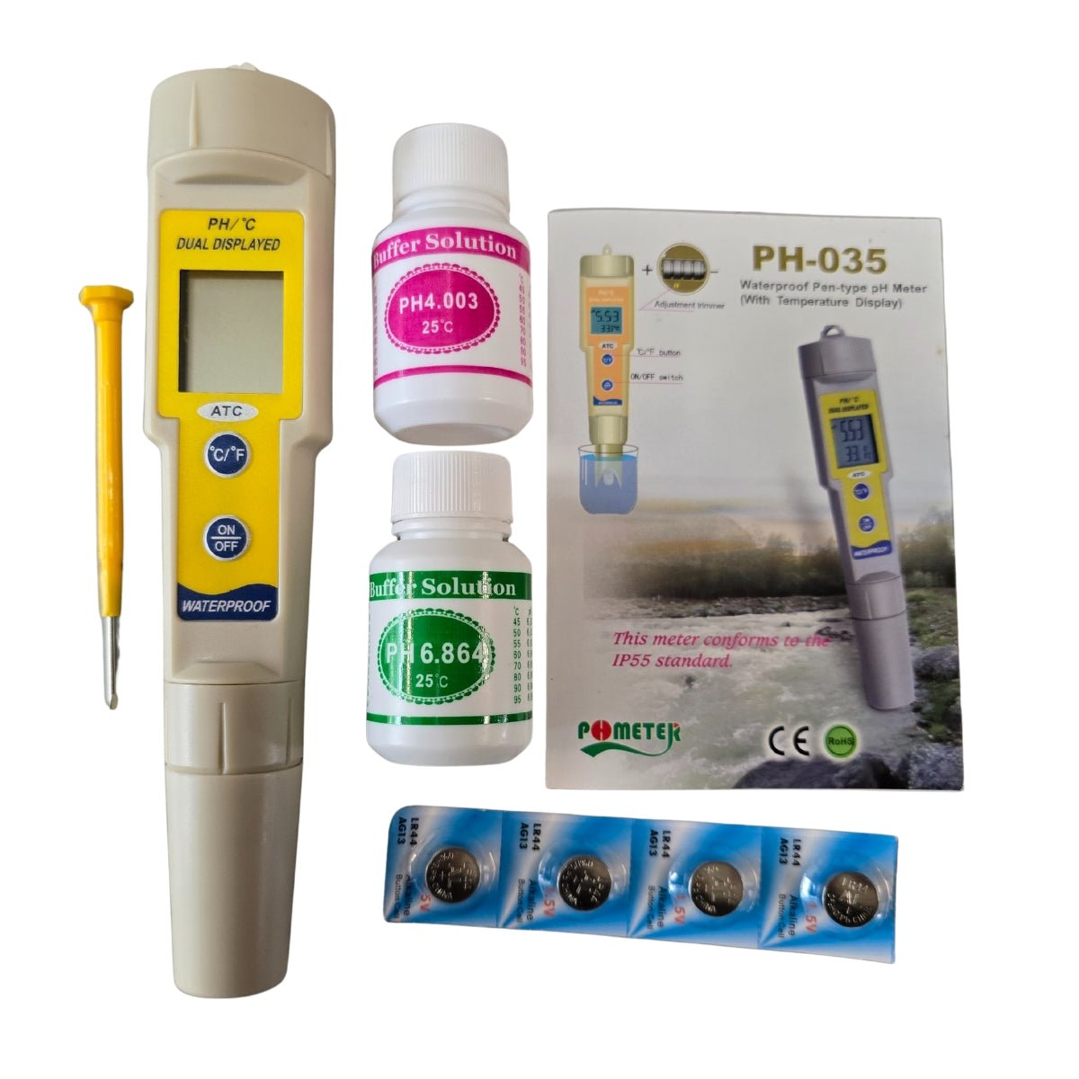 PH‑035 Waterproof pH &amp; Temperature Meter &amp; Tester – Digital Dual Display, 0.00–14.00 pH Range, ATC, Replaceable Electrode – For Soil, Hydroponics, Aquarium, Pool &amp; Lab Use - Oldboy&