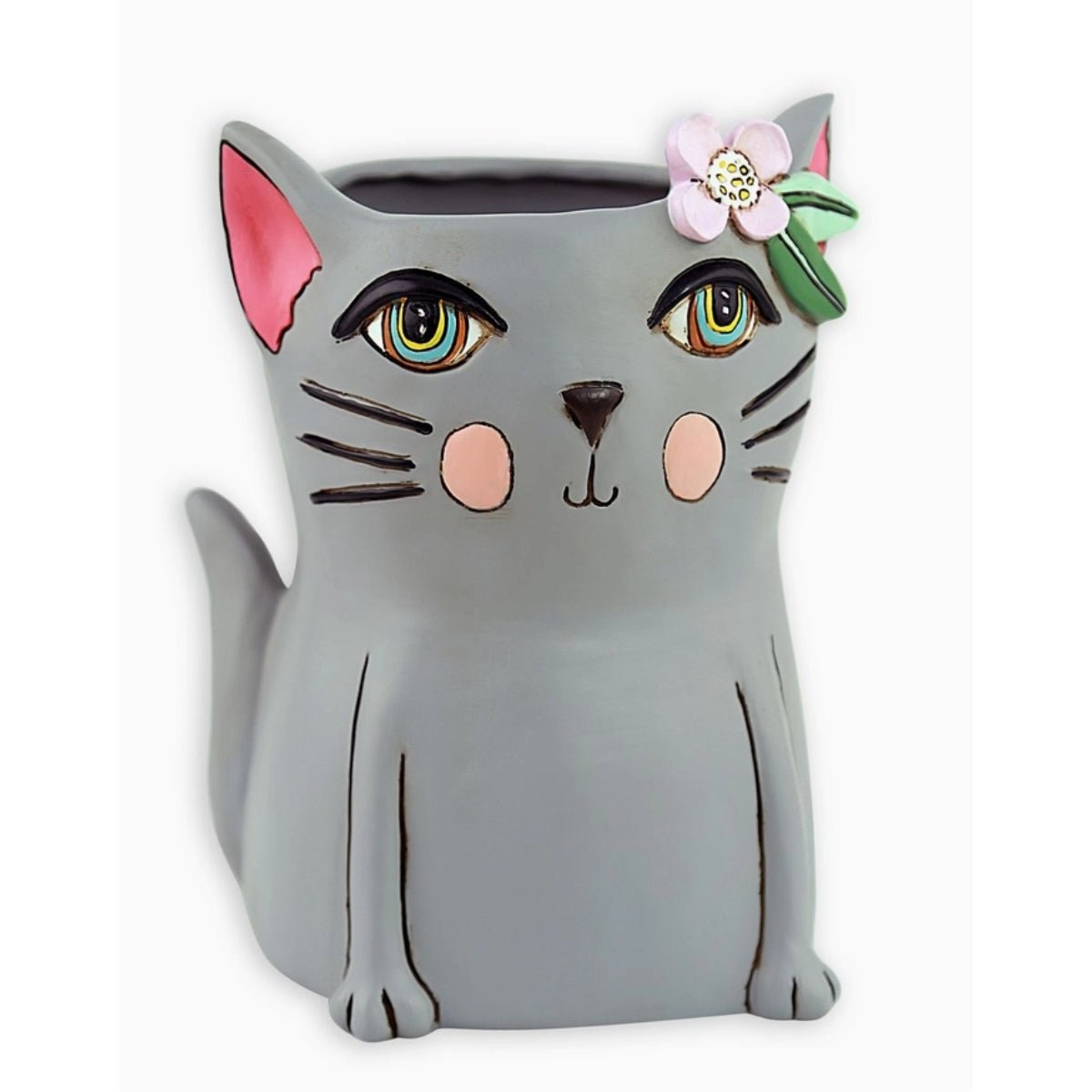 Pretty Kitty Planter - Gray | Hand - Painted Polyresin Cat Planter with Drainage - Oldboy&