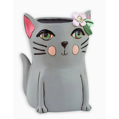 Pretty Kitty Planter - Gray | Hand - Painted Polyresin Cat Planter with Drainage - Oldboy&