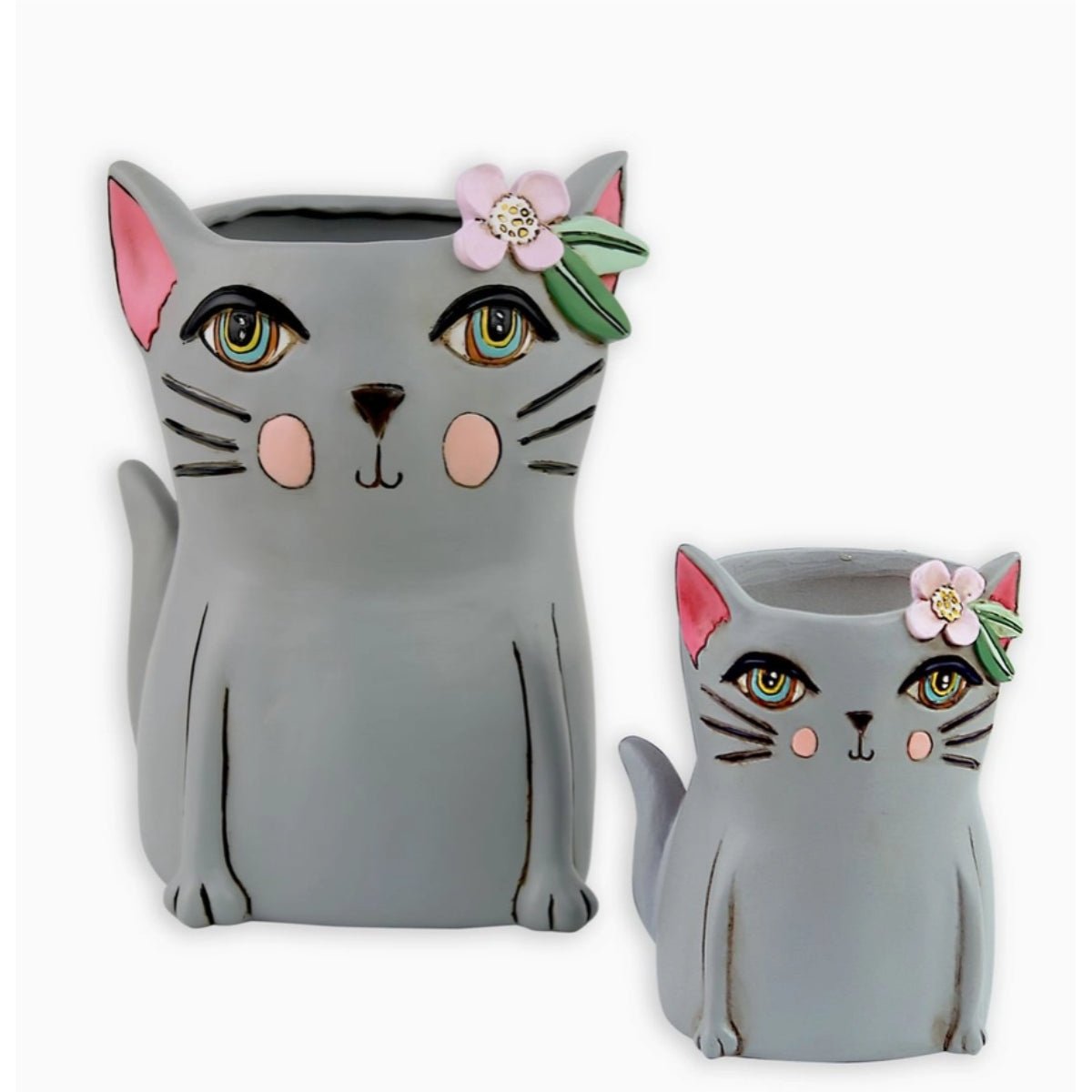 Pretty Kitty Planter - Gray | Hand - Painted Polyresin Cat Planter with Drainage - Oldboy&