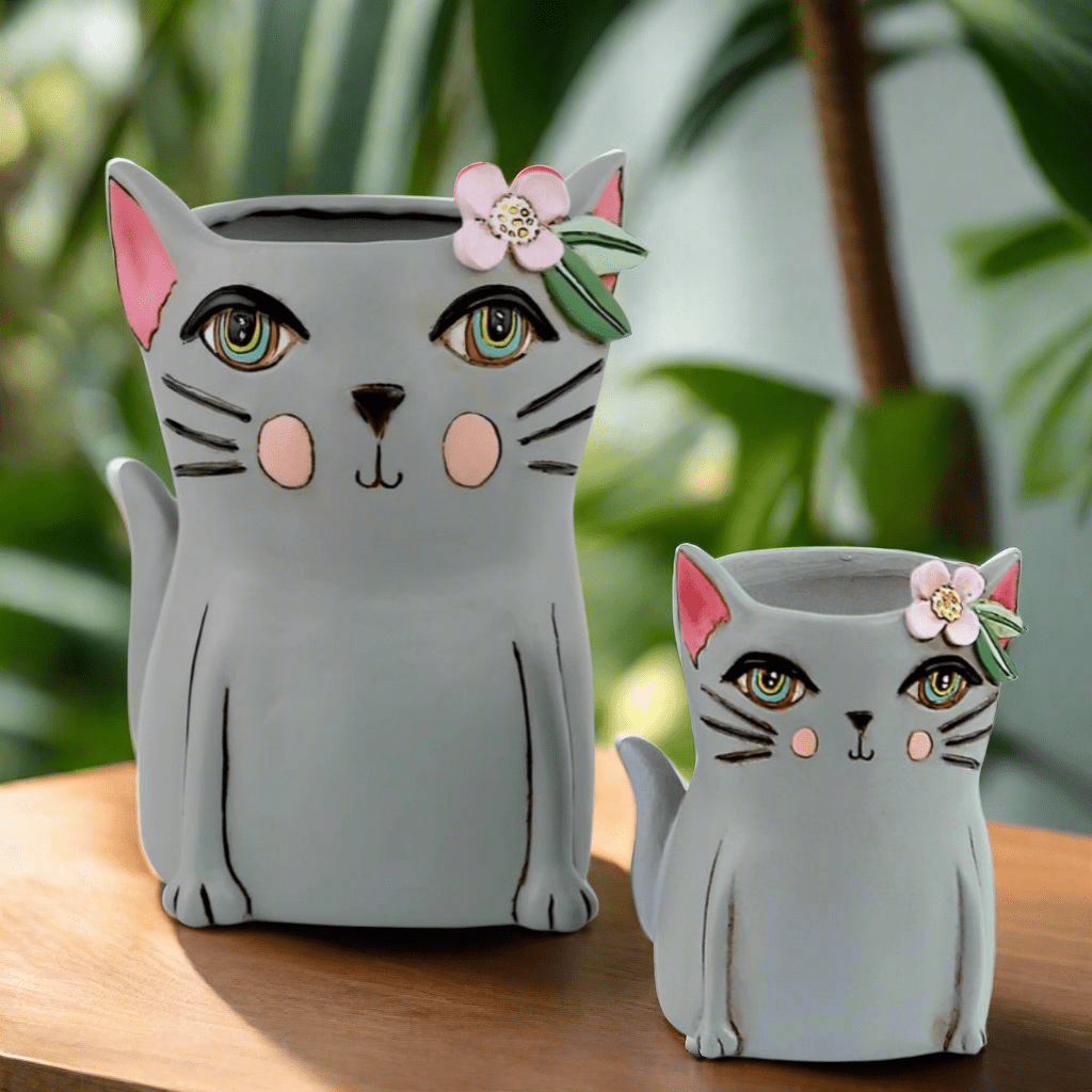 Pretty Kitty Planter - Grey | Hand - Painted Polyresin Cat Planter with Drainage - Oldboy&
