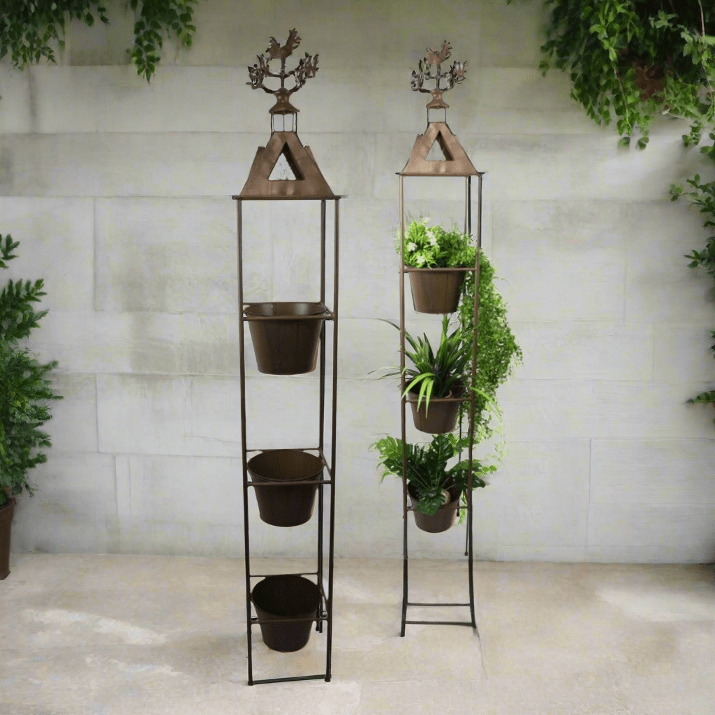 Tall Metal 3‑Tier Plant Stand with Rooster Weather Vane – 179 cm - Oldboy&